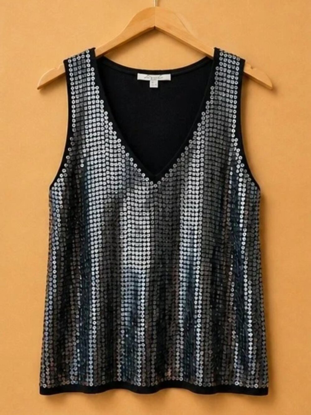 NWOT Black Sequin Tank Top V-Neck Sparkle Party Blouse Size M Glam Night Out Top